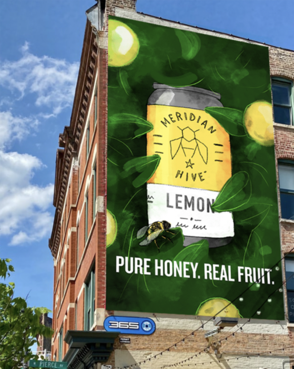 Mockup of Meridian Hive campaign on brick billboard