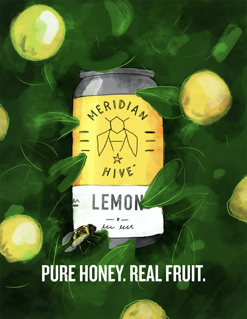 Meridian Hive can sketch in a lemon bush. Reads: Pure Honey. Real Fruit.