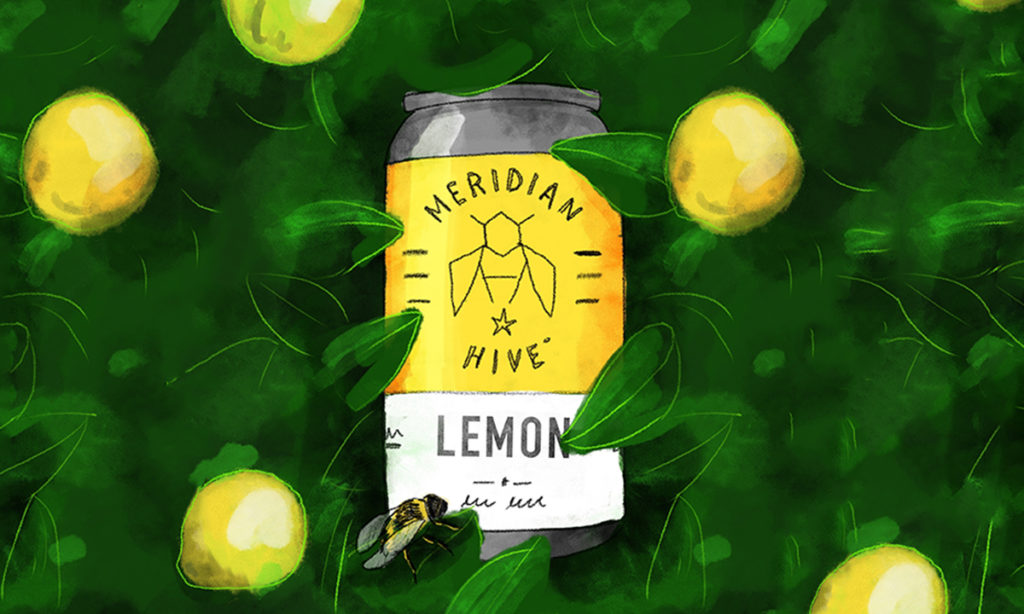 Mockup of Meridian Hive can in a lemon bush