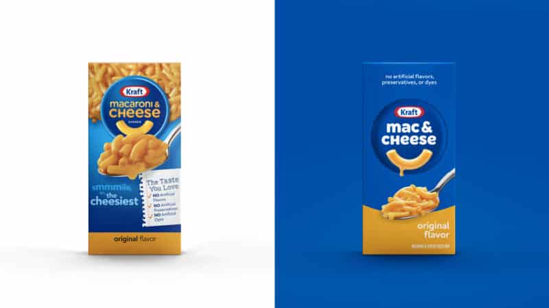side by side comparison of Kraft Mac and Cheese brand refresh and packaging redesign. The older Kraft Macaroni & Cheese box on the left with the new packaging design on the right.