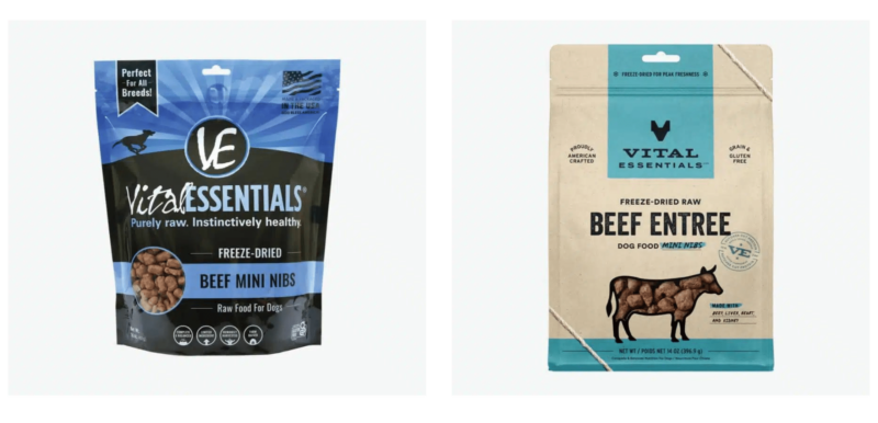 Side by side comparison of the Vital Essentials brand packaging design before and after the brand and packaging redesign with Skidmore Studio. The new brand design effectively communicates the butcher-quality protein using visual identity components such as the butcher paper, wrapped in twine and the outline of the animal protein - in this example, the cow. 